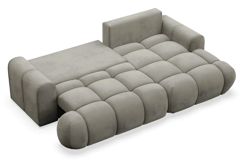 Ecksofa mit Schlaffunktion Ombo Mini, L-förmig, rechtsseitig, mit Stauraum, graubraunes Velours, wasserabweisend