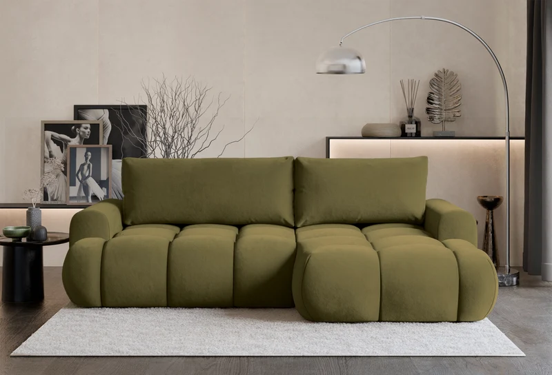 Ecksofa mit Schlaffunktion Ombo Mini, L-förmig, rechtsseitig, mit Stauraum, olivgrüner, hydrophober Samt