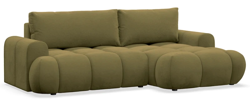Ecksofa mit Schlaffunktion Ombo Mini, L-förmig, rechtsseitig, mit Stauraum, olivgrüner, hydrophober Samt