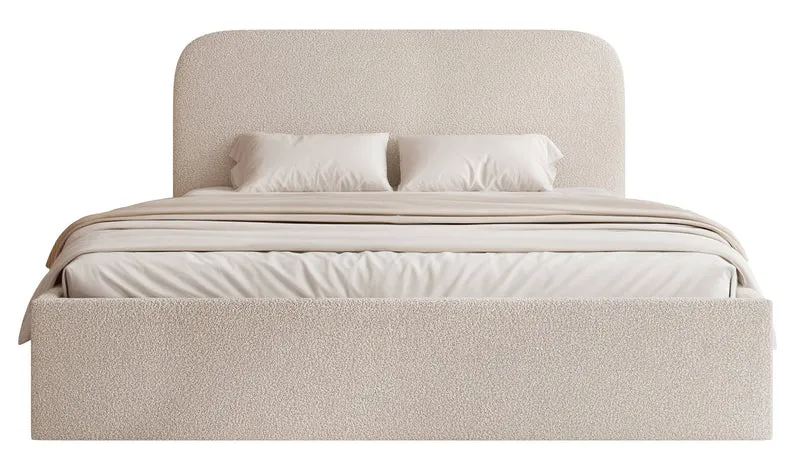 Gepolstertes Bett 140x200 cm Sonvivo mit Bettkasten, grau-beiger Bouclé-Stoff, Metallrahmen