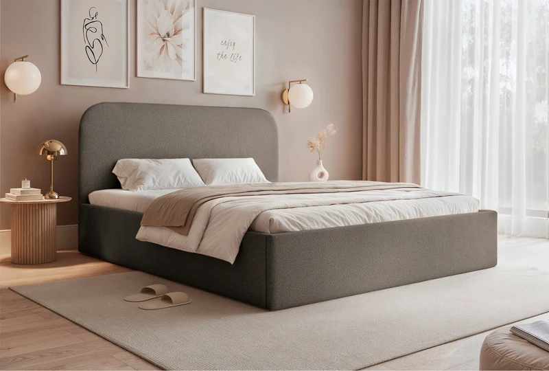 Polsterbett 180x200 cm Sonvivo mit Bettkasten, hellbrauner Chenille-Stoff, Metallrahmen