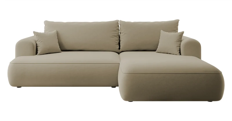 Ecksofa mit Schlaffunktion Ovo, L-förmig, beige Samt, mit Stauraum, aus leicht zu reinigendem Stoff, rechtsseitig
