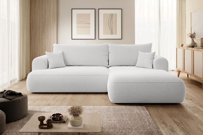 Ecksofa mit Schlaffunktion Ovo, L-förmig, grau, mit Stauraum, Bouclé, rechtsseitig