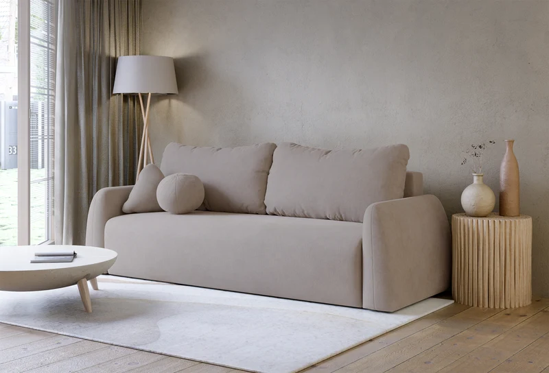 Dreisitziges Schlafsofa Nubelle mit Stauraum, dunkelbeige, hydrophobes Chenillegewebe