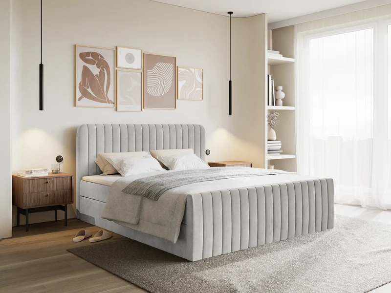 Kontinentales Bett 200x200 cm Saliano mit Stauraum und Topper, grau-beiger Samt