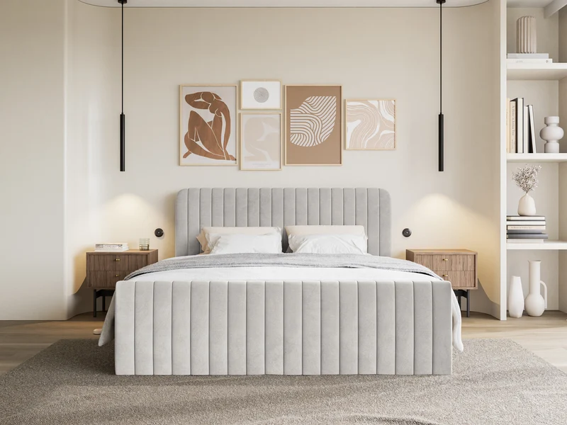 Kontinentales Bett 200x200 cm Saliano mit Stauraum und Topper, grau-beiger Samt