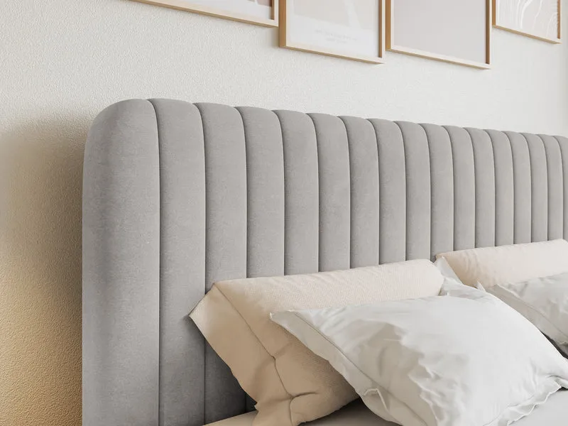 Kontinentales Bett 200x200 cm Saliano mit Stauraum und Topper, grau-beiger Samt