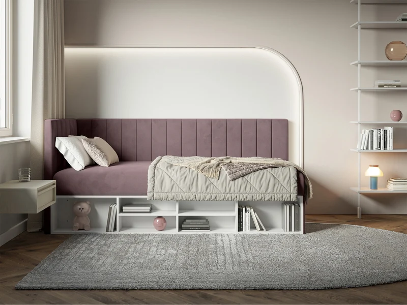 Jugendbett 90x200 cm Ventrio linksseitig mit Stauraum und Regalen, violetter Velours, wasserabweisend und leicht zu reinigen