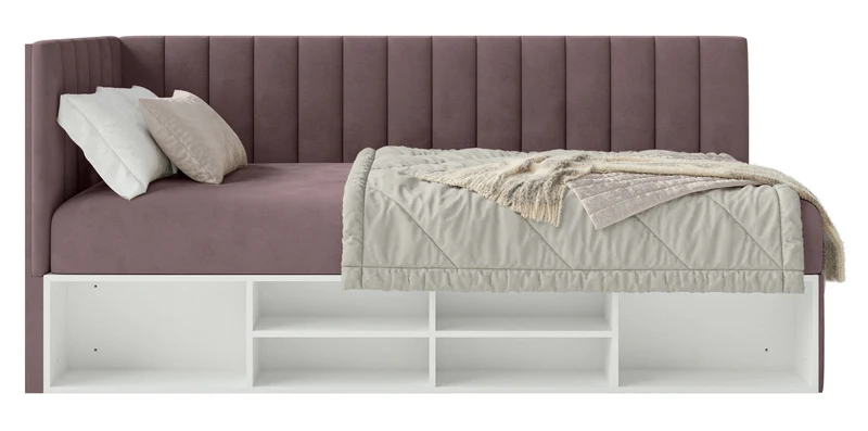 Jugendbett 90x200 cm Ventrio linksseitig mit Stauraum und Regalen, violetter Velours, wasserabweisend und leicht zu reinigen