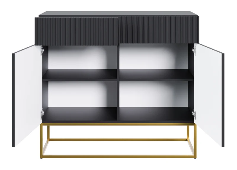 Zweiturige Kommode Veldio mit gefräster Front und zwei Schubladen, 100 cm, Schwarz mit goldenen Beinen
