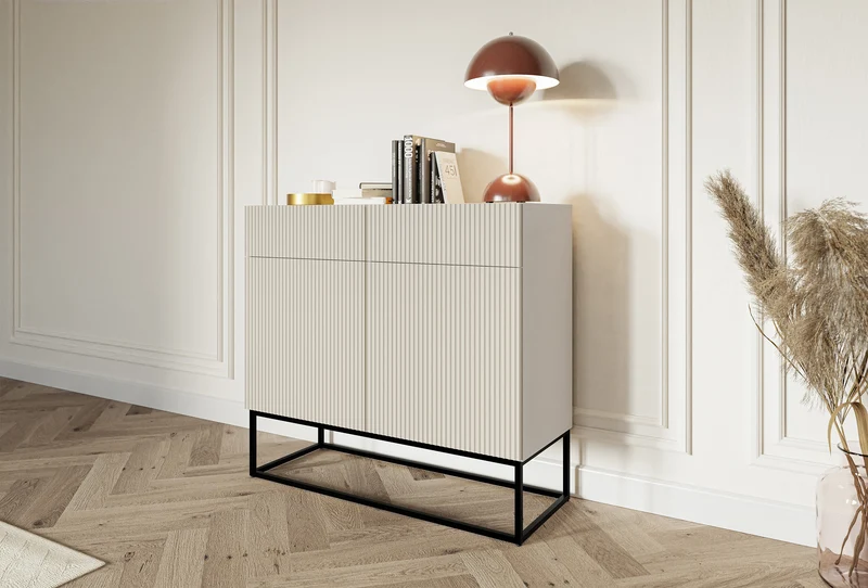 Zweittürige Kommode Veldio mit gefräster Front und zwei Schubladen, 100 cm, Schwarz mit schwarzen Beinen