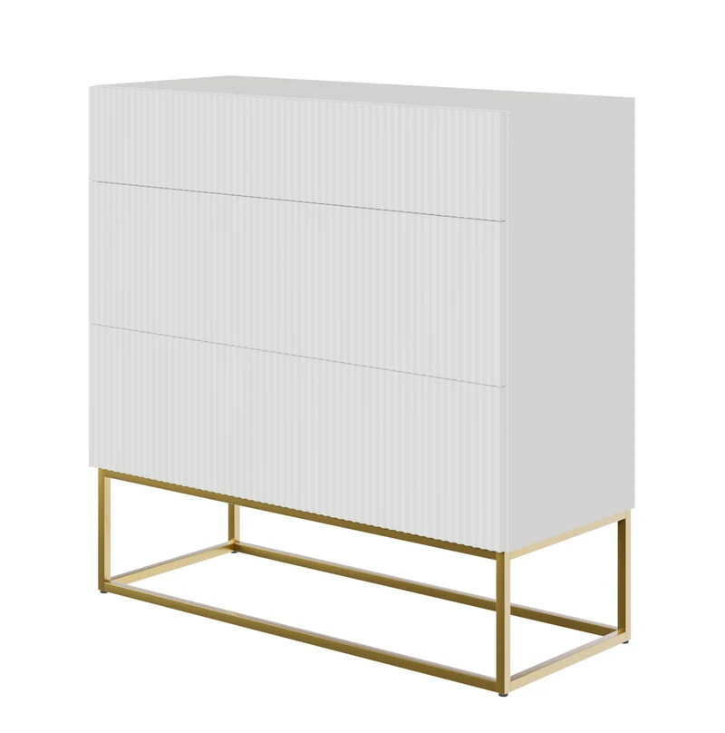 Kommode Veldio mit gefräster Front und drei Schubladen, 90 cm, Weiß mit goldenen Beinen