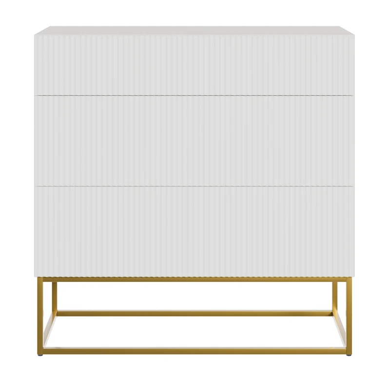 Kommode Veldio mit gefräster Front und drei Schubladen, 90 cm, Weiß mit goldenen Beinen