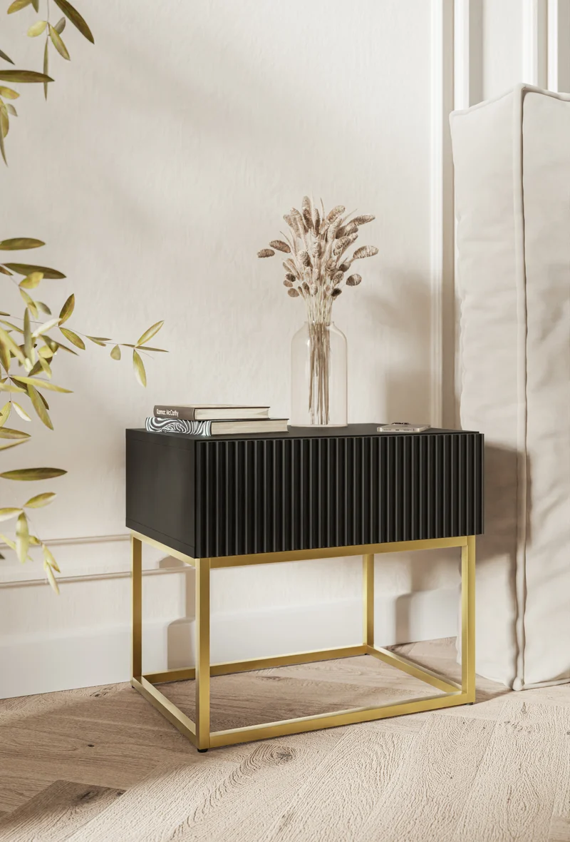 Nachttisch Veldio mit gefräster Front und Schublade 50 cm Schwarz mit goldenen Beinen