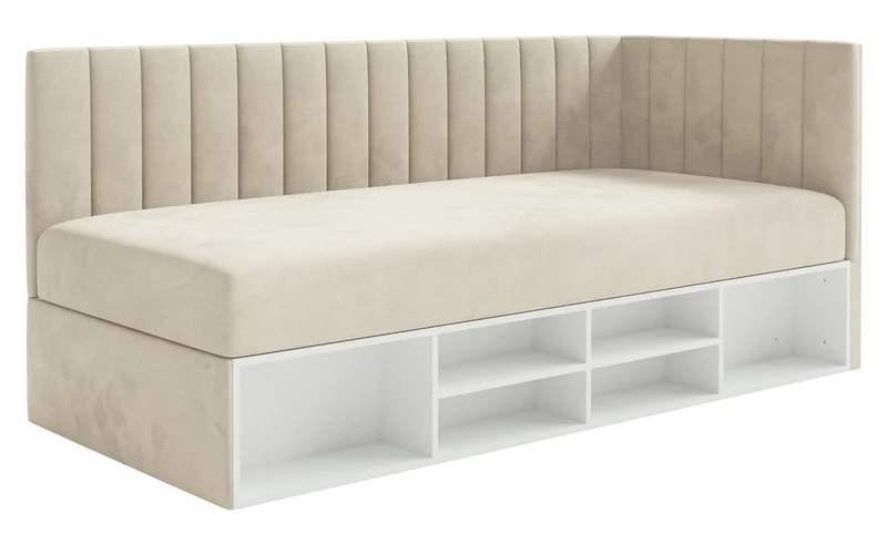 Jugendbett 90x200 cm Ventrio, rechtsseitig, mit Stauraum und Regalen, hellbeiger Velours, wasserabweisend und leicht zu reinigen