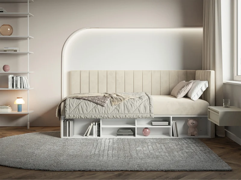 Jugendbett 90x200 cm Ventrio, rechtsseitig, mit Stauraum und Regalen, hellbeiger Velours, wasserabweisend und leicht zu reinigen