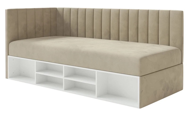 Jugendbett 90x200 cm Ventrio linksseitig mit Stauraum und Regalen, grau-beiges Velours, wasserabweisend und pflegeleicht