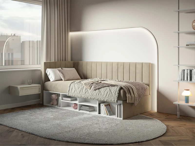 Jugendbett 90x200 cm Ventrio linksseitig mit Stauraum und Regalen, grau-beiges Velours, wasserabweisend und pflegeleicht
