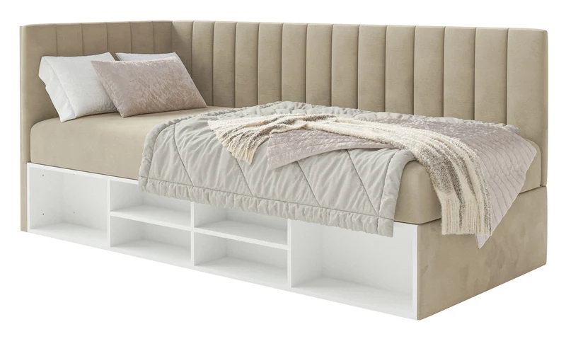 Jugendbett 90x200 cm Ventrio linksseitig mit Stauraum und Regalen, grau-beiges Velours, wasserabweisend und pflegeleicht