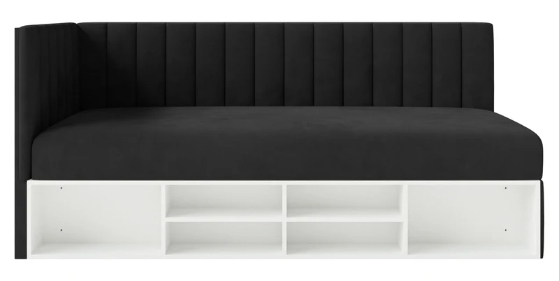 Jugendbett 90x200 cm Ventrio linksseitig mit Stauraum und Regalen, schwarzer Velours, wasserabweisend und leicht zu reinigen