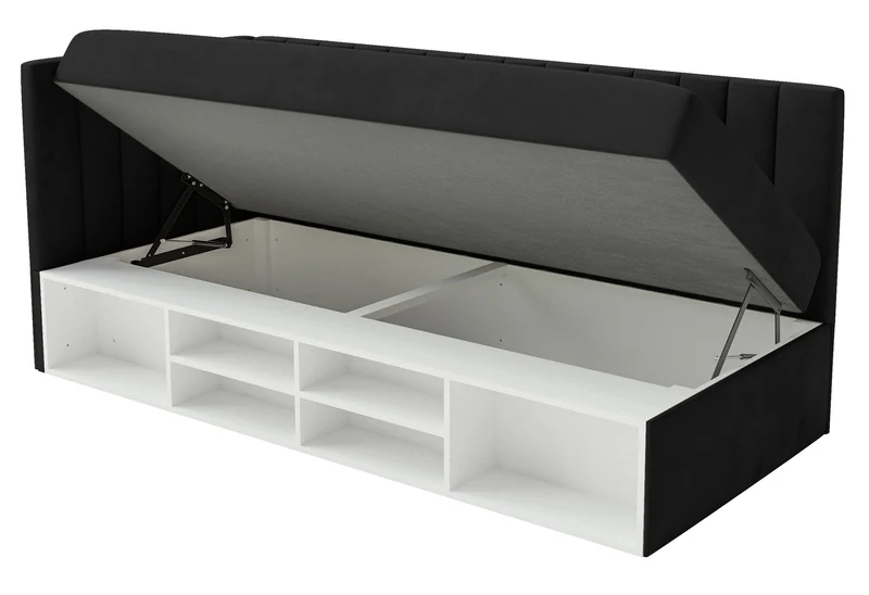 Jugendbett 90x200 cm Ventrio linksseitig mit Stauraum und Regalen, schwarzer Velours, wasserabweisend und leicht zu reinigen