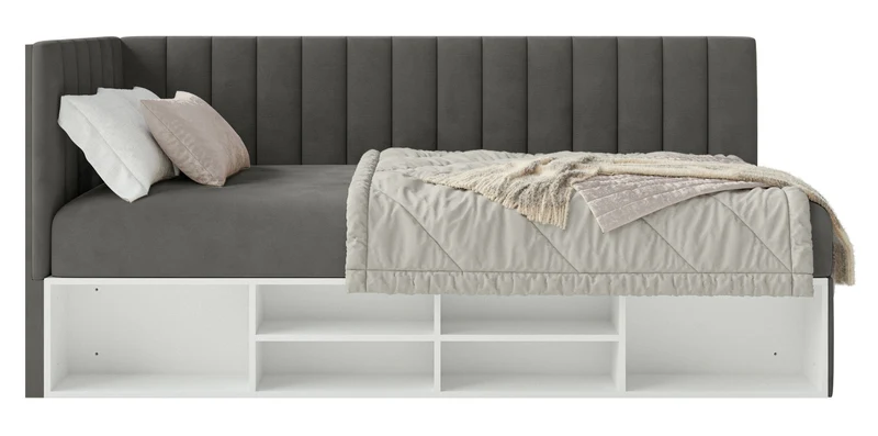 Jugendbett 90x200 cm Ventrio linksseitig mit Stauraum und Regalen, dunkelgrauer Velours, wasserabweisend und pflegeleicht