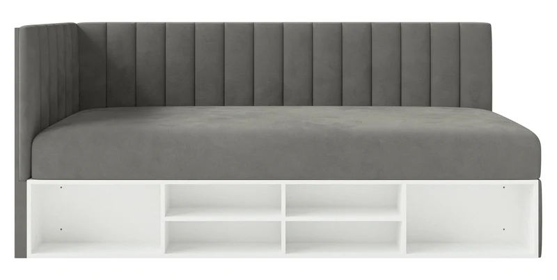 Jugendbett 90x200 cm Ventrio linksseitig mit Stauraum und Regalen, dunkelgrauer Velours, wasserabweisend und pflegeleicht