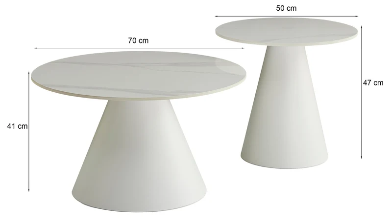 Blonco runde Couchtisch-Sets 50 und 70 cm weiß mit Steinplatte und Metallgestell