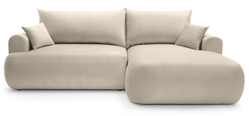 Ecksofa mit Schlaffunktion Ovo, L-förmig, rechtsseitig, mit Stauraum, hellbeiger Velours, pflegeleicht
