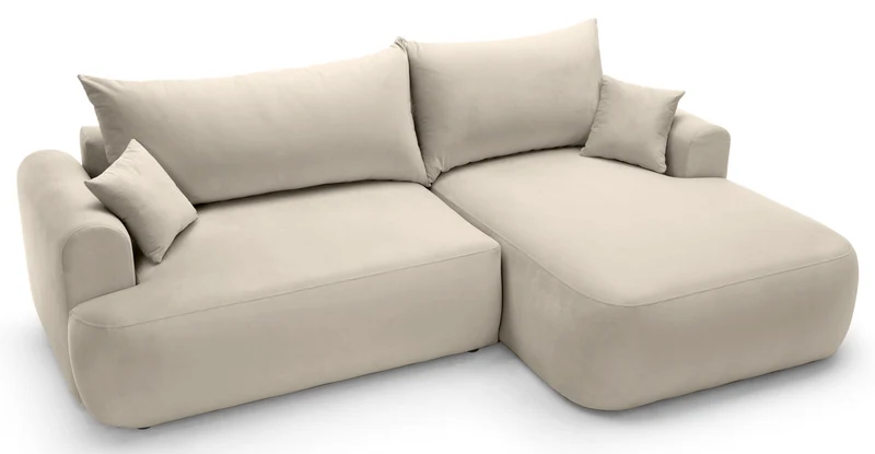 Ecksofa mit Schlaffunktion Ovo, L-förmig, rechtsseitig, mit Stauraum, hellbeiger Velours, pflegeleicht