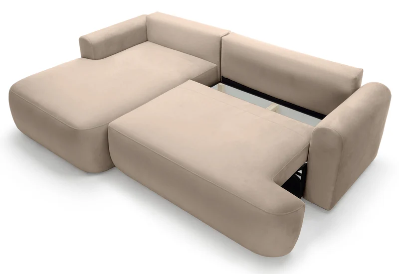 Ecksofa mit Schlaffunktion Ovo, L-förmig, linksseitig, mit Stauraum, beige, pflegeleichter Samtstoff