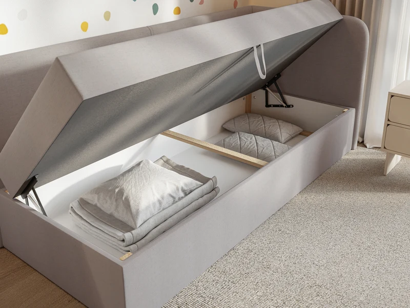 Jugendbett 90x200 cm Calmmo, rechtsseitig, mit Stauraum, dunkelbeige Chenille, wasserabweisend