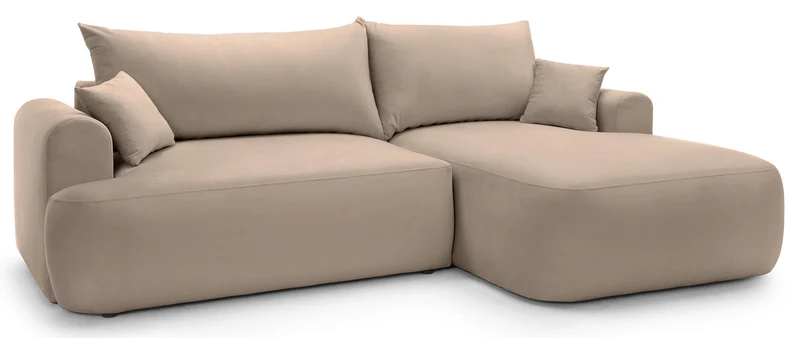 Ecksofa mit Schlaffunktion Ovo, L-förmig, rechtsseitig, mit Stauraum, beige Velours, pflegeleicht