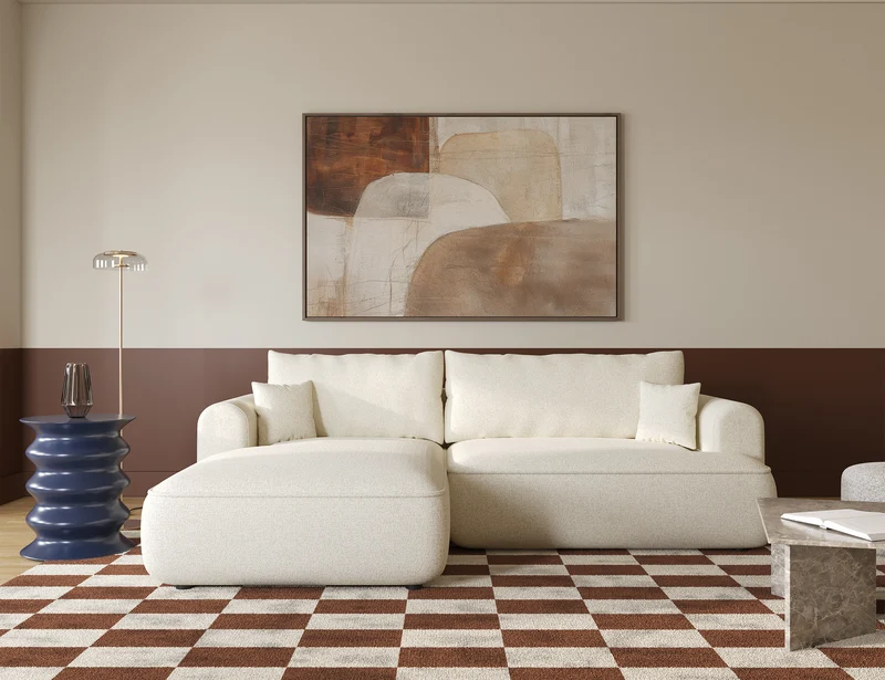 Ecksofa mit Schlaffunktion Ovo L-förmig, hellbeige Geflecht, linksseitig