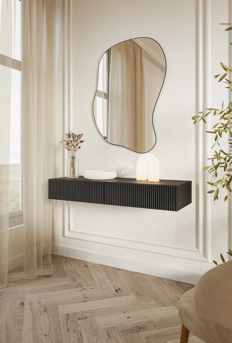 Schminktisch Veldio mit gefräster Front und zwei Schubladen, 110 cm, schwarz, hängend