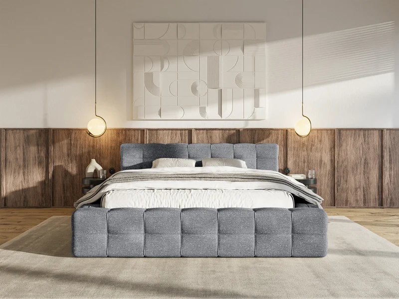 Polsterbett Puffly 140x200 cm mit Stauraum, Metallrahmen, dunkelgrauer Chenille-Stoff