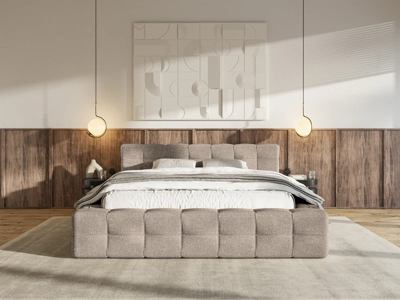 Polsterbett Puffly 140x200 cm mit Stauraum, Metallrahmen, hellbrauner Chenille-Stoff