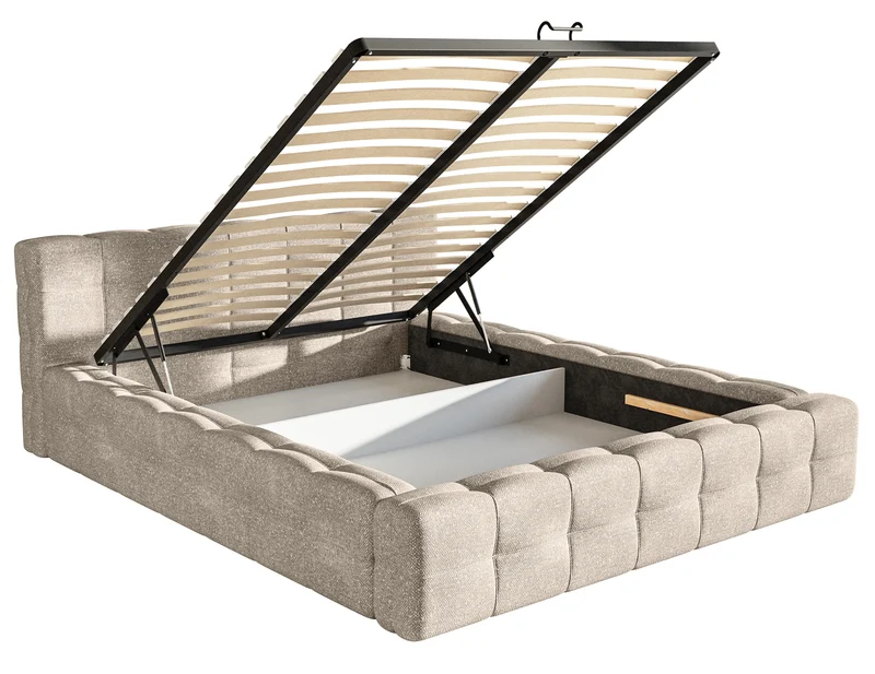 Gepolstertes Bett Puffly 140x200 cm mit Stauraum, Metallrahmen, beiger Chenille-Stoff