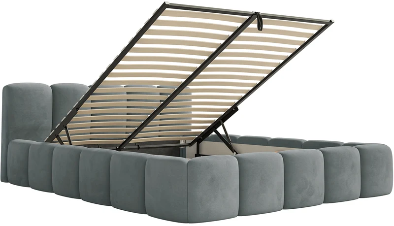 Polsterbett 180x200 cm Cloudy Low mit Stauraum, grauer Veloursstoff, wasserabweisend, pflegeleicht, Metallrahmen