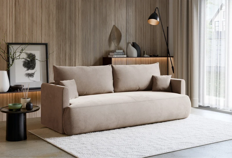 Drei-Sitzer-Schlafsofa Ovo Mini mit Stauraum, beige, Velours, pflegeleicht