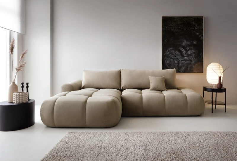 Ecksofa mit Schlaffunktion Ombo, L-förmig, mit Stauraum, beige, hydrophobes Samtmaterial, linksseitig