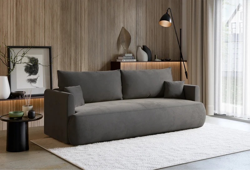 Dreisitziges ausklappbares Sofa Ovo Mini mit Stauraum, dunkelgrauer, pflegeleichter Samtvelours