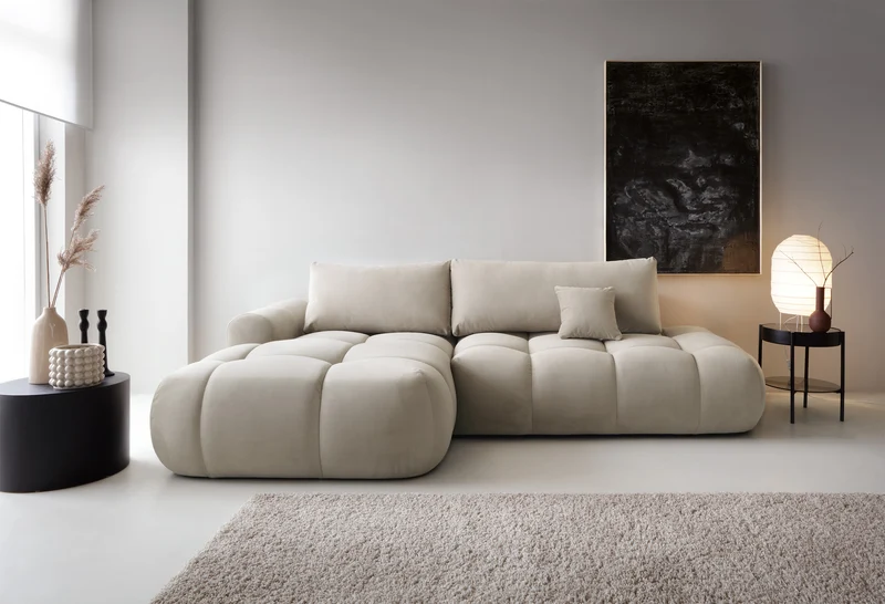 Ecksofa mit Schlaffunktion Ombo, L-förmig, mit Stauraum, grau-beiger, hydrophober Samt, linksseitig