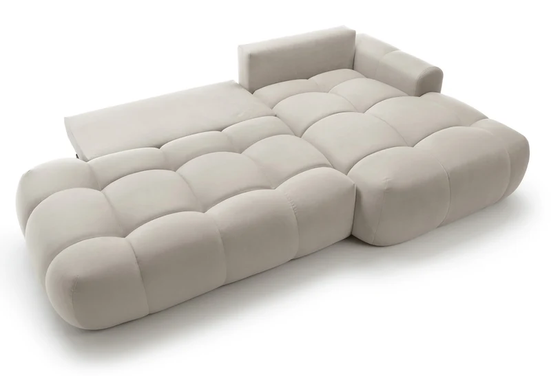 Ecksofa mit Schlaffunktion Ombo, L-förmig, mit Stauraum, grau-beiger hydrophober Samt, rechtsseitig