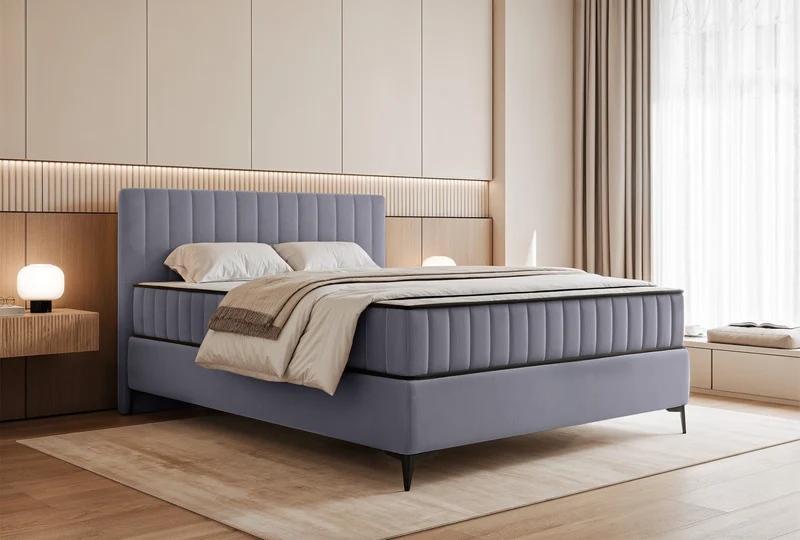 Kontinentalbett 140x200 cm Mufasso mit Stauraum, hellgrauer Velours, wasserabweisend