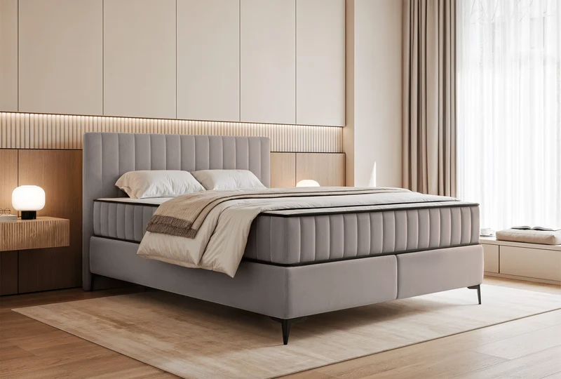 Kontinentalbett 160x200 cm Mufasso mit Stauraum, grau-beiger wasserabweisender Samt