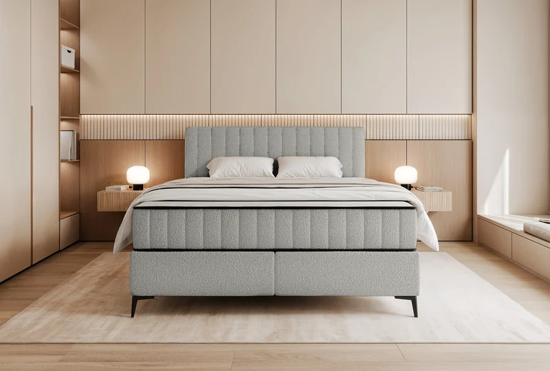 Kontinentales Bett 180x200 cm Mufasso mit Stauraum in hellgrauem Bouclé