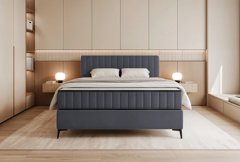 Kontinentales Bett 140x200 cm Mufasso mit Stauraum, grauer Velours, wasserabweisend
