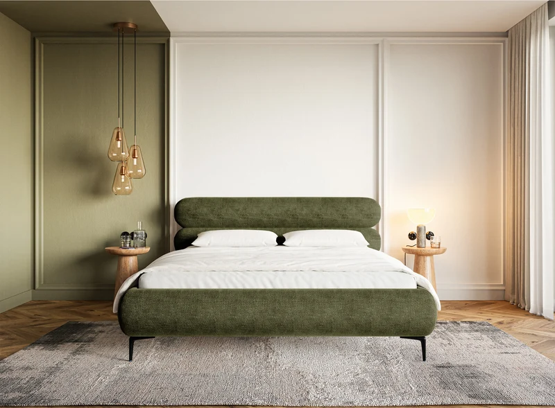 Polsterbett 140x200 cm Roule mit Stauraum, Metallrahmen, olivgrüner Chenille-Stoff, schwarze Beine