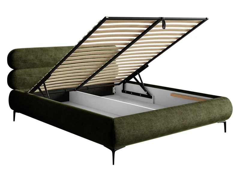 Polsterbett 140x200 cm Roule mit Stauraum, Metallrahmen, olivgrüner Chenille-Stoff, schwarze Beine